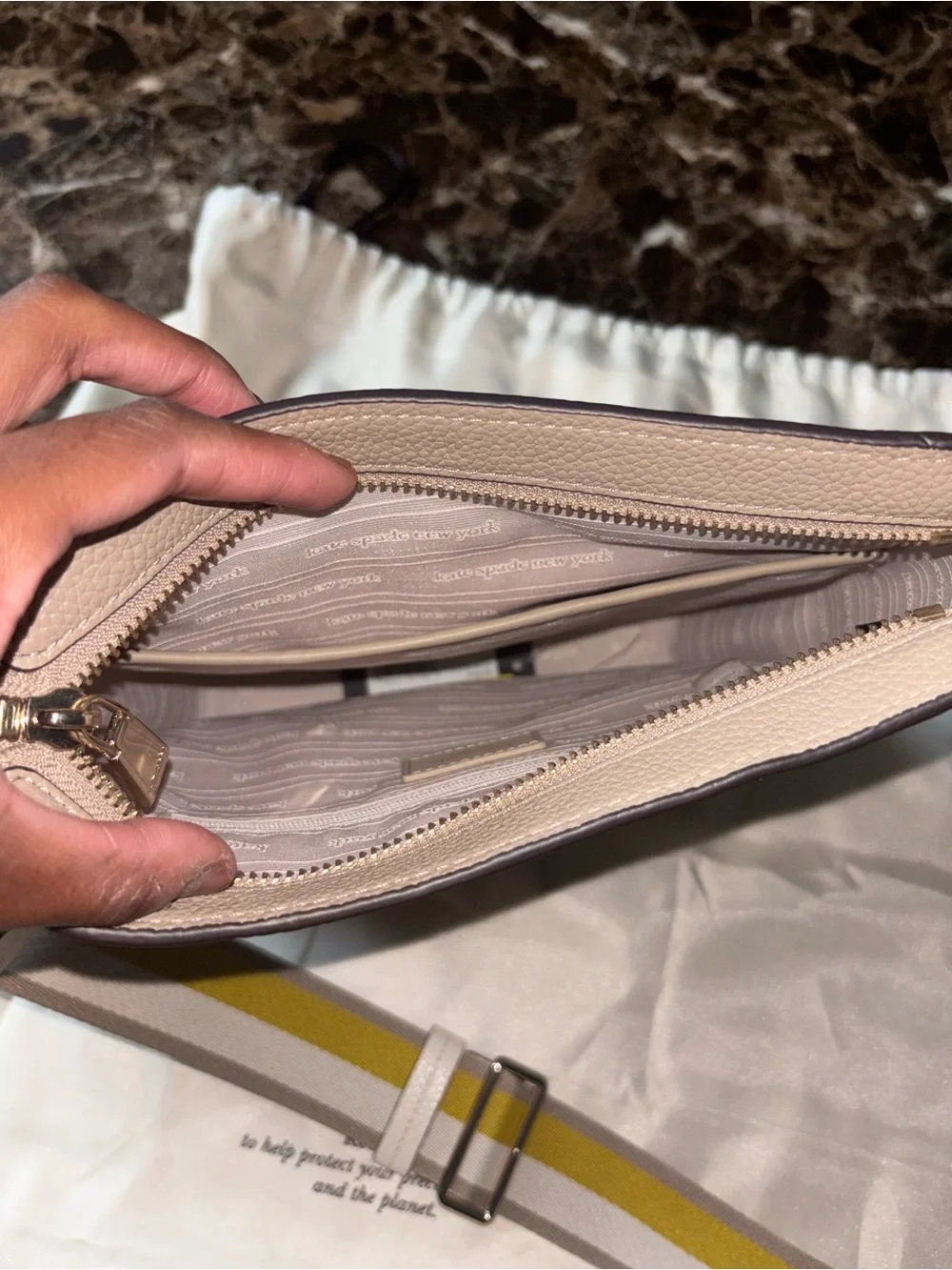 Kate Spade - Pebbled Leather Crossbody in Taupe with Yellow-Striped Strap